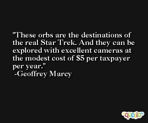 These orbs are the destinations of the real Star Trek. And they can be explored with excellent cameras at the modest cost of $5 per taxpayer per year. -Geoffrey Marcy