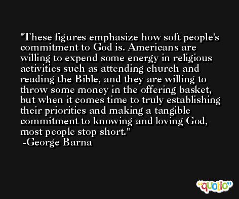 These figures emphasize how soft people's commitment to God is. Americans are willing to expend some energy in religious activities such as attending church and reading the Bible, and they are willing to throw some money in the offering basket, but when it comes time to truly establishing their priorities and making a tangible commitment to knowing and loving God, most people stop short. -George Barna