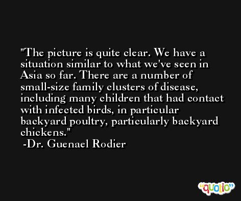 The picture is quite clear. We have a situation similar to what we've seen in Asia so far. There are a number of small-size family clusters of disease, including many children that had contact with infected birds, in particular backyard poultry, particularly backyard chickens. -Dr. Guenael Rodier
