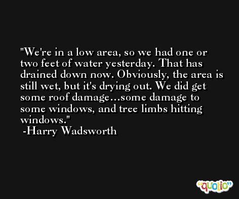 We're in a low area, so we had one or two feet of water yesterday. That has drained down now. Obviously, the area is still wet, but it's drying out. We did get some roof damage…some damage to some windows, and tree limbs hitting windows. -Harry Wadsworth