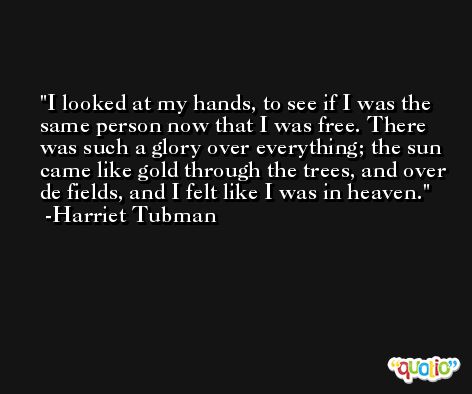 I looked at my hands, to see if I was the same person now that I was free. There was such a glory over everything; the sun came like gold through the trees, and over de fields, and I felt like I was in heaven. -Harriet Tubman