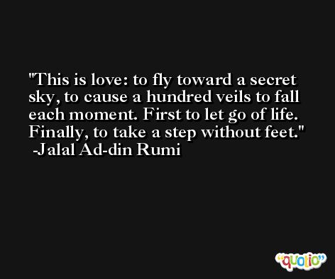 This is love: to fly toward a secret sky, to cause a hundred veils to fall each moment. First to let go of life. Finally, to take a step without feet. -Jalal Ad-din Rumi