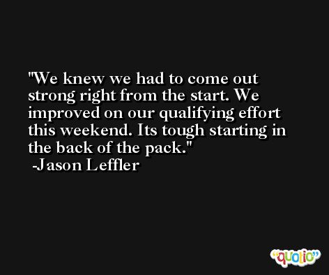 We knew we had to come out strong right from the start. We improved on our qualifying effort this weekend. Its tough starting in the back of the pack. -Jason Leffler