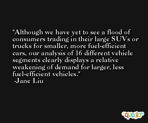 Although we have yet to see a flood of consumers trading in their large SUVs or trucks for smaller, more fuel-efficient cars, our analysis of 16 different vehicle segments clearly displays a relative weakening of demand for larger, less fuel-efficient vehicles. -Jane Liu