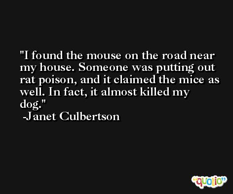 I found the mouse on the road near my house. Someone was putting out rat poison, and it claimed the mice as well. In fact, it almost killed my dog. -Janet Culbertson