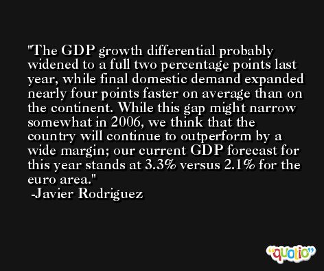 The GDP growth differential probably widened to a full two percentage points last year, while final domestic demand expanded nearly four points faster on average than on the continent. While this gap might narrow somewhat in 2006, we think that the country will continue to outperform by a wide margin; our current GDP forecast for this year stands at 3.3% versus 2.1% for the euro area. -Javier Rodriguez