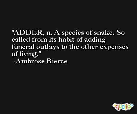 ADDER, n. A species of snake. So called from its habit of adding funeral outlays to the other expenses of living. -Ambrose Bierce