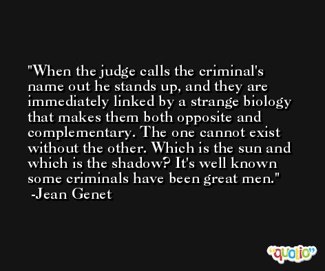 When the judge calls the criminal's name out he stands up, and they are immediately linked by a strange biology that makes them both opposite and complementary. The one cannot exist without the other. Which is the sun and which is the shadow? It's well known some criminals have been great men. -Jean Genet