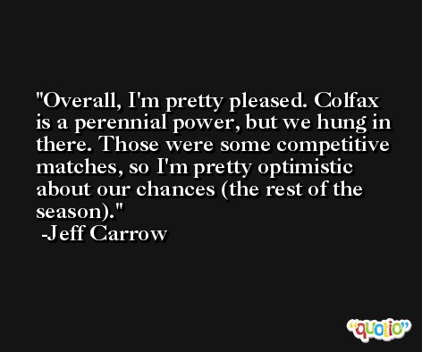 Overall, I'm pretty pleased. Colfax is a perennial power, but we hung in there. Those were some competitive matches, so I'm pretty optimistic about our chances (the rest of the season). -Jeff Carrow