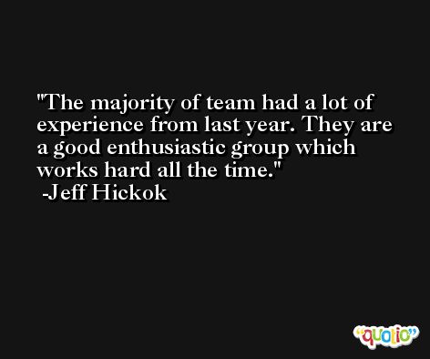The majority of team had a lot of experience from last year. They are a good enthusiastic group which works hard all the time. -Jeff Hickok
