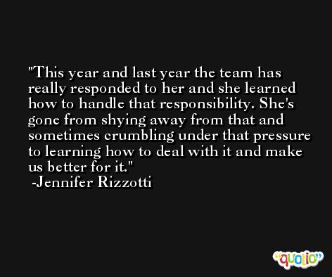 This year and last year the team has really responded to her and she learned how to handle that responsibility. She's gone from shying away from that and sometimes crumbling under that pressure to learning how to deal with it and make us better for it. -Jennifer Rizzotti