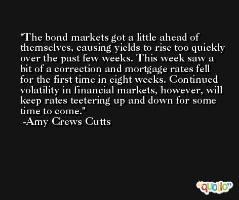 The bond markets got a little ahead of themselves, causing yields to rise too quickly over the past few weeks. This week saw a bit of a correction and mortgage rates fell for the first time in eight weeks. Continued volatility in financial markets, however, will keep rates teetering up and down for some time to come. -Amy Crews Cutts