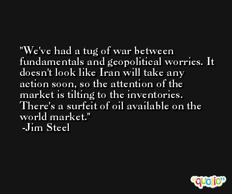 We've had a tug of war between fundamentals and geopolitical worries. It doesn't look like Iran will take any action soon, so the attention of the market is tilting to the inventories. There's a surfeit of oil available on the world market. -Jim Steel