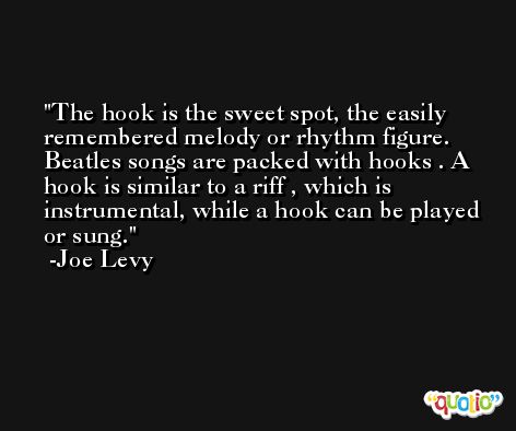 The hook is the sweet spot, the easily remembered melody or rhythm figure. Beatles songs are packed with hooks . A hook is similar to a riff , which is instrumental, while a hook can be played or sung. -Joe Levy