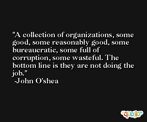 A collection of organizations, some good, some reasonably good, some bureaucratic, some full of corruption, some wasteful. The bottom line is they are not doing the job. -John O'shea