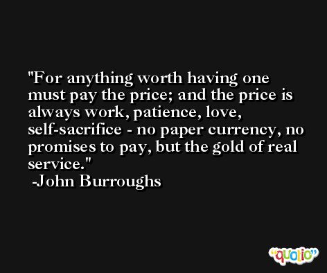 For anything worth having one must pay the price; and the price is always work, patience, love, self-sacrifice - no paper currency, no promises to pay, but the gold of real service. -John Burroughs