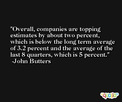 Overall, companies are topping estimates by about two percent, which is below the long term average of 3.2 percent and the average of the last 8 quarters, which is 5 percent. -John Butters