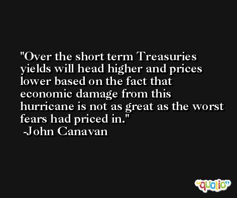 Over the short term Treasuries yields will head higher and prices lower based on the fact that economic damage from this hurricane is not as great as the worst fears had priced in. -John Canavan