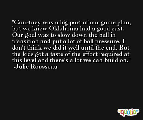 Courtney was a big part of our game plan, but we knew Oklahoma had a good cast. Our goal was to slow down the ball in transition and put a lot of ball pressure. I don't think we did it well until the end. But the kids got a taste of the effort required at this level and there's a lot we can build on. -Julie Rousseau