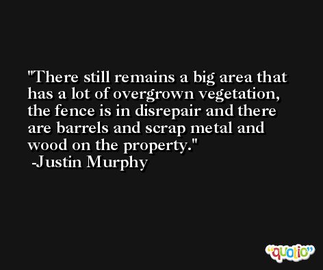 There still remains a big area that has a lot of overgrown vegetation, the fence is in disrepair and there are barrels and scrap metal and wood on the property. -Justin Murphy