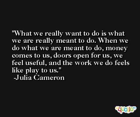 What we really want to do is what we are really meant to do. When we do what we are meant to do, money comes to us, doors open for us, we feel useful, and the work we do feels like play to us. -Julia Cameron
