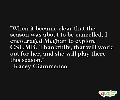 When it became clear that the season was about to be cancelled, I encouraged Meghan to explore CSUMB. Thankfully, that will work out for her, and she will play there this season. -Kacey Giammanco