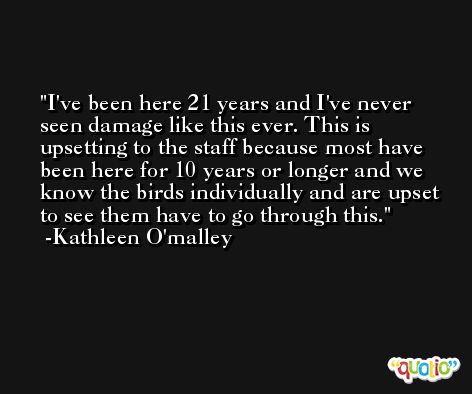 I've been here 21 years and I've never seen damage like this ever. This is upsetting to the staff because most have been here for 10 years or longer and we know the birds individually and are upset to see them have to go through this. -Kathleen O'malley