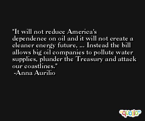 It will not reduce America's dependence on oil and it will not create a cleaner energy future, ... Instead the bill allows big oil companies to pollute water supplies, plunder the Treasury and attack our coastlines. -Anna Aurilio