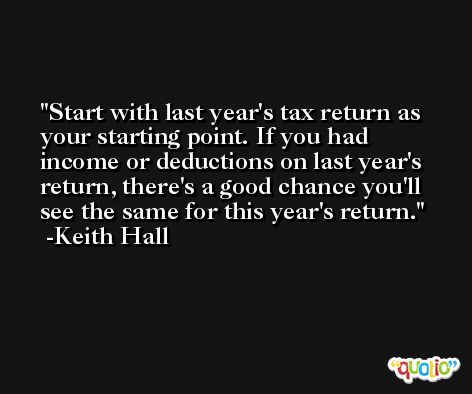 Start with last year's tax return as your starting point. If you had income or deductions on last year's return, there's a good chance you'll see the same for this year's return. -Keith Hall