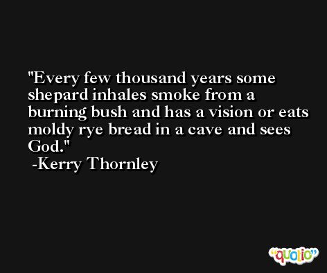 Every few thousand years some shepard inhales smoke from a burning bush and has a vision or eats moldy rye bread in a cave and sees God. -Kerry Thornley