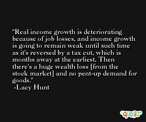 Real income growth is deteriorating because of job losses, and income growth is going to remain weak until such time as it's reversed by a tax cut, which is months away at the earliest. Then there's a huge wealth loss [from the stock market] and no pent-up demand for goods. -Lacy Hunt