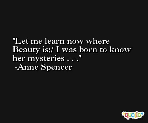 Let me learn now where Beauty is;/ I was born to know her mysteries . . . -Anne Spencer