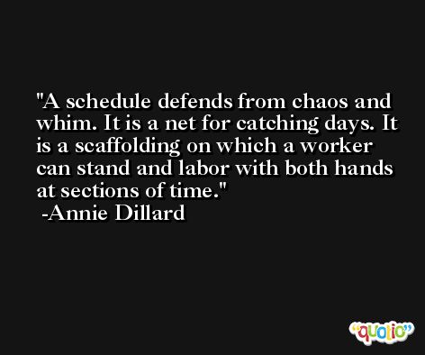 A schedule defends from chaos and whim. It is a net for catching days. It is a scaffolding on which a worker can stand and labor with both hands at sections of time. -Annie Dillard