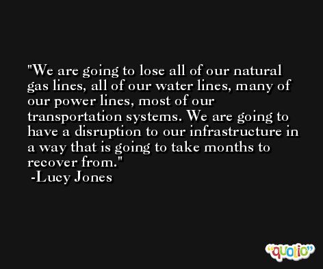 We are going to lose all of our natural gas lines, all of our water lines, many of our power lines, most of our transportation systems. We are going to have a disruption to our infrastructure in a way that is going to take months to recover from. -Lucy Jones