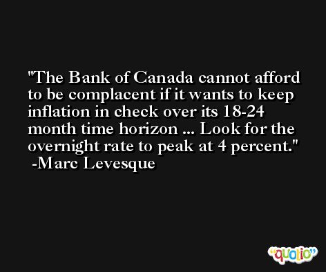 The Bank of Canada cannot afford to be complacent if it wants to keep inflation in check over its 18-24 month time horizon ... Look for the overnight rate to peak at 4 percent. -Marc Levesque