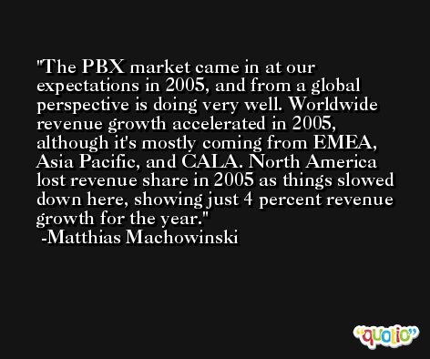 The PBX market came in at our expectations in 2005, and from a global perspective is doing very well. Worldwide revenue growth accelerated in 2005, although it's mostly coming from EMEA, Asia Pacific, and CALA. North America lost revenue share in 2005 as things slowed down here, showing just 4 percent revenue growth for the year. -Matthias Machowinski