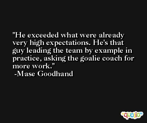 He exceeded what were already very high expectations. He's that guy leading the team by example in practice, asking the goalie coach for more work. -Mase Goodhand