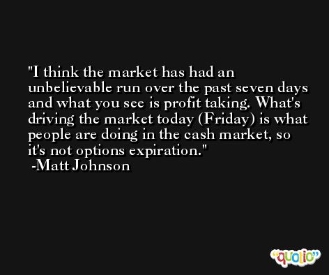 I think the market has had an unbelievable run over the past seven days and what you see is profit taking. What's driving the market today (Friday) is what people are doing in the cash market, so it's not options expiration. -Matt Johnson