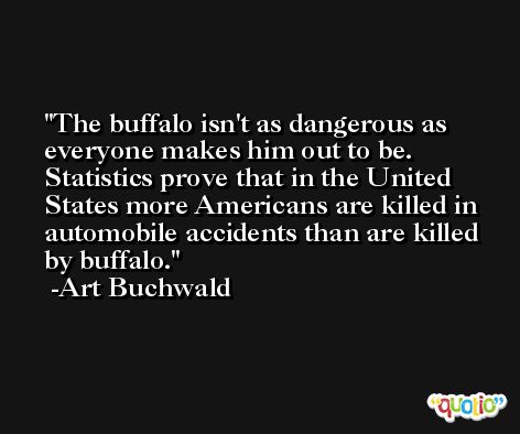 The buffalo isn't as dangerous as everyone makes him out to be. Statistics prove that in the United States more Americans are killed in automobile accidents than are killed by buffalo. -Art Buchwald