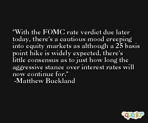 With the FOMC rate verdict due later today, there's a cautious mood creeping into equity markets as although a 25 basis point hike is widely expected, there's little consensus as to just how long the aggressive stance over interest rates will now continue for. -Matthew Buckland