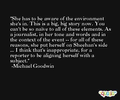 She has to be aware of the environment she's in. This is a big, big story now. You can't be so naïve to all of these elements. As a journalist, in her tone and words and in the context of the event -- for all of these reasons, she put herself on Sheehan's side ... I think that's inappropriate, for a reporter to be aligning herself with a subject. -Michael Goodwin