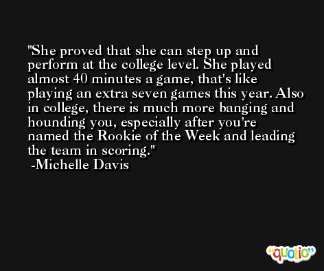 She proved that she can step up and perform at the college level. She played almost 40 minutes a game, that's like playing an extra seven games this year. Also in college, there is much more banging and hounding you, especially after you're named the Rookie of the Week and leading the team in scoring. -Michelle Davis