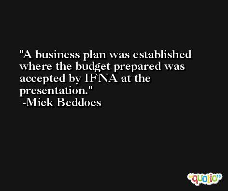 A business plan was established where the budget prepared was accepted by IFNA at the presentation. -Mick Beddoes