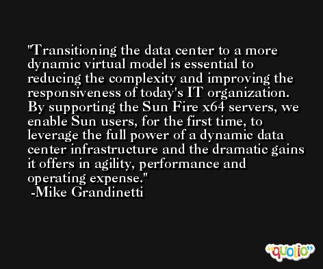 Transitioning the data center to a more dynamic virtual model is essential to reducing the complexity and improving the responsiveness of today's IT organization. By supporting the Sun Fire x64 servers, we enable Sun users, for the first time, to leverage the full power of a dynamic data center infrastructure and the dramatic gains it offers in agility, performance and operating expense. -Mike Grandinetti
