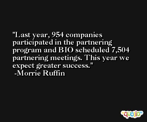Last year, 954 companies participated in the partnering program and BIO scheduled 7,504 partnering meetings. This year we expect greater success. -Morrie Ruffin