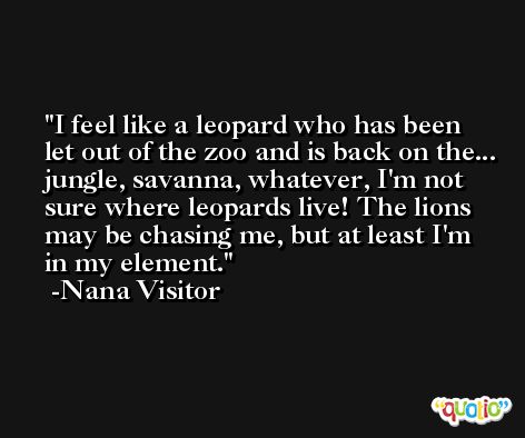 I feel like a leopard who has been let out of the zoo and is back on the... jungle, savanna, whatever, I'm not sure where leopards live! The lions may be chasing me, but at least I'm in my element. -Nana Visitor