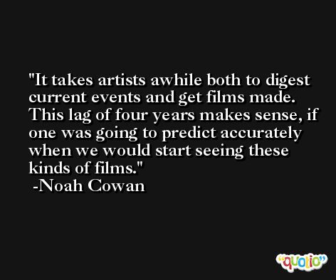 It takes artists awhile both to digest current events and get films made. This lag of four years makes sense, if one was going to predict accurately when we would start seeing these kinds of films. -Noah Cowan