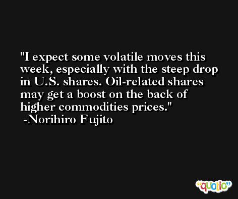 I expect some volatile moves this week, especially with the steep drop in U.S. shares. Oil-related shares may get a boost on the back of higher commodities prices. -Norihiro Fujito