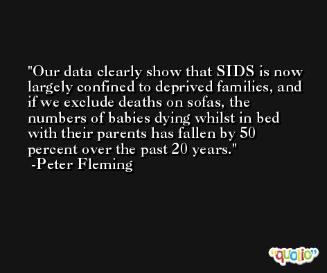 Our data clearly show that SIDS is now largely confined to deprived families, and if we exclude deaths on sofas, the numbers of babies dying whilst in bed with their parents has fallen by 50 percent over the past 20 years. -Peter Fleming
