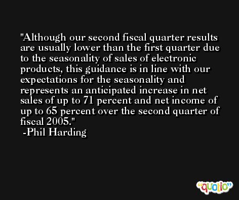 Although our second fiscal quarter results are usually lower than the first quarter due to the seasonality of sales of electronic products, this guidance is in line with our expectations for the seasonality and represents an anticipated increase in net sales of up to 71 percent and net income of up to 65 percent over the second quarter of fiscal 2005. -Phil Harding